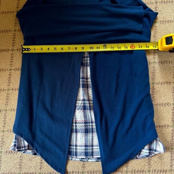 Self navy Blue long sleeved split back T-shirt with linen plaid underlay M - Picture 5 of 9